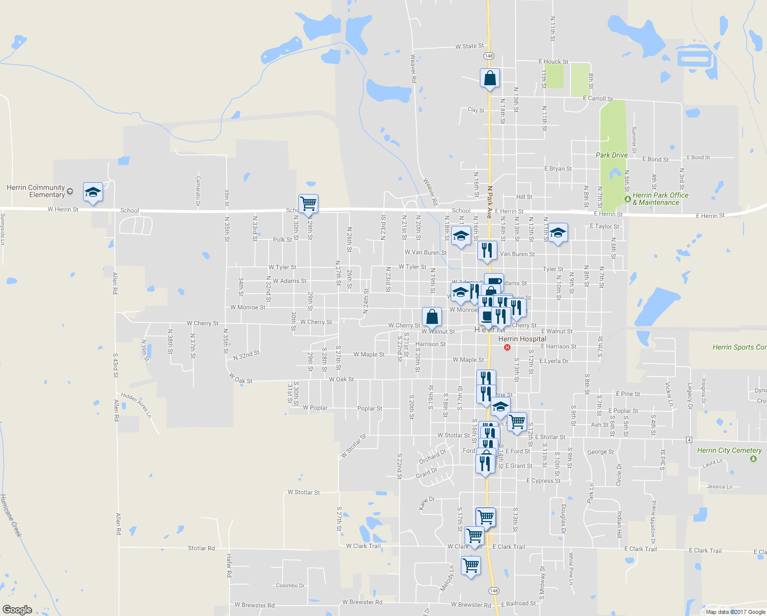 map of restaurants, bars, coffee shops, grocery stores, and more near 809 West Monroe Street in Herrin