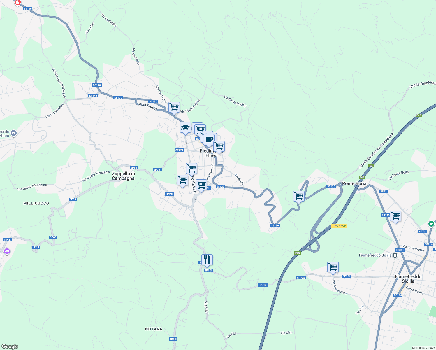 map of restaurants, bars, coffee shops, grocery stores, and more near 1-64 Via Roma in Piedimonte Etneo