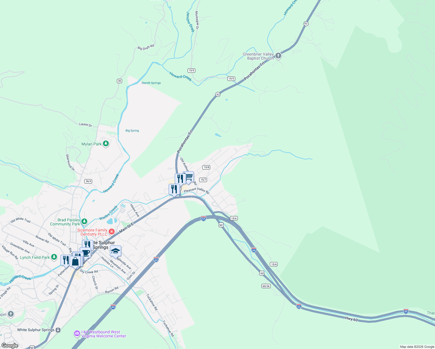 map of restaurants, bars, coffee shops, grocery stores, and more near 231 Manor Dr in White Sulphur Springs