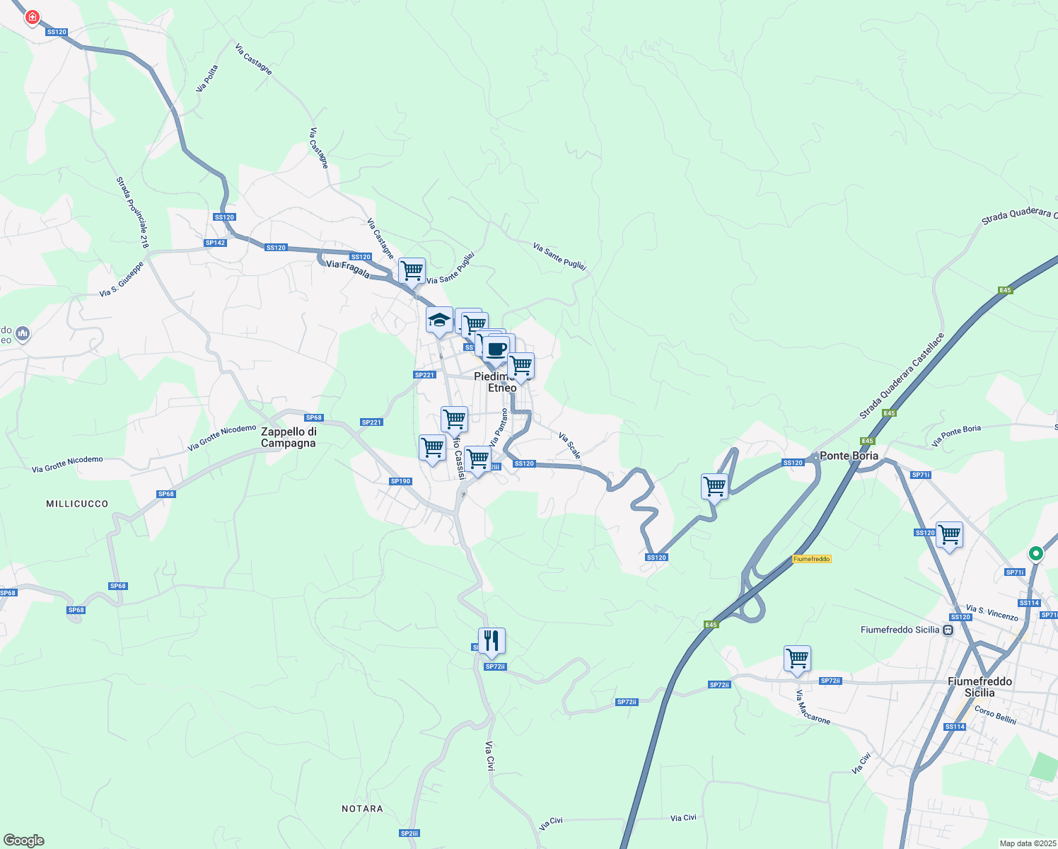 map of restaurants, bars, coffee shops, grocery stores, and more near 1 Via Roma in Piedimonte Etneo