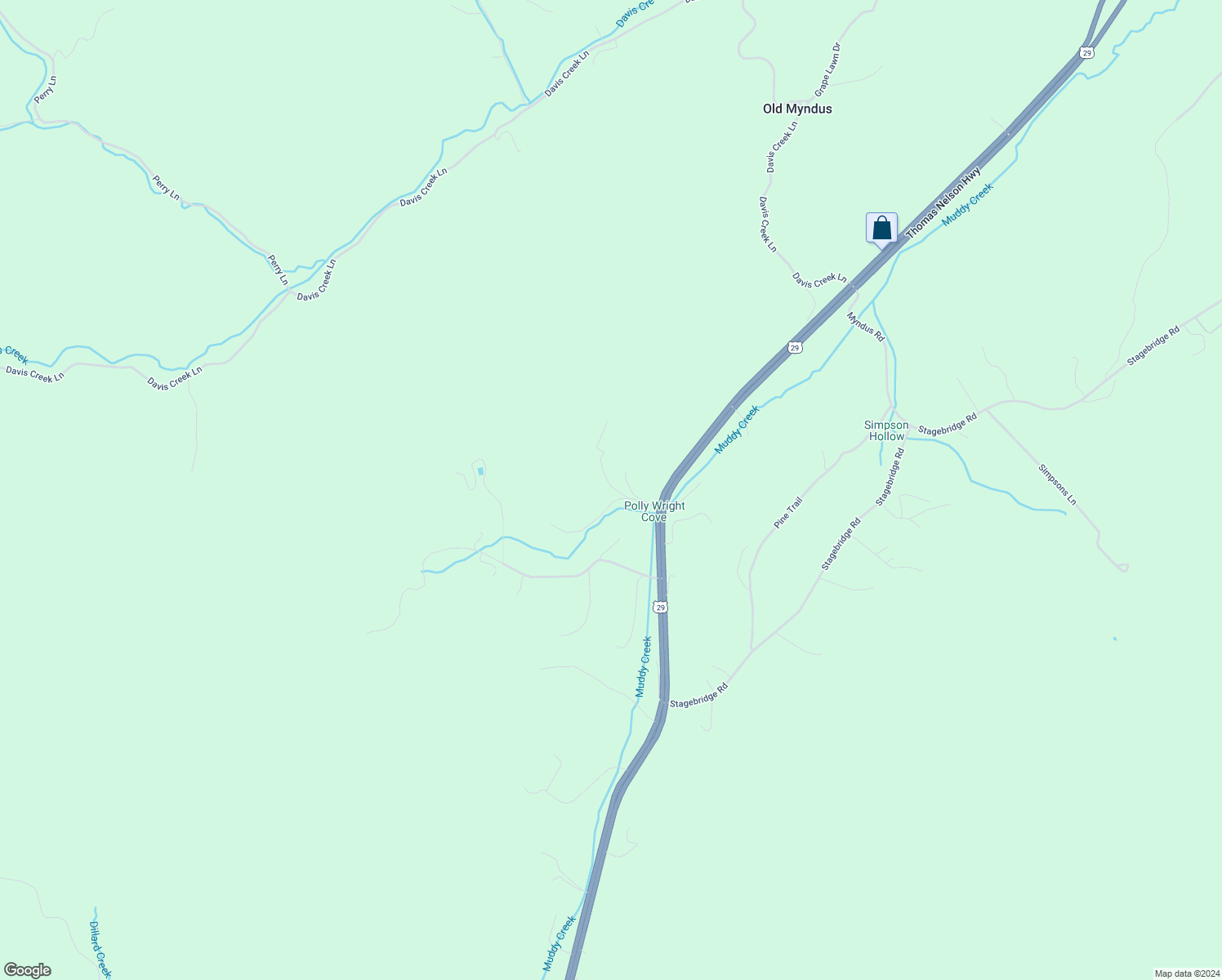 map of restaurants, bars, coffee shops, grocery stores, and more near 126 Anderson Lane in Lovingston