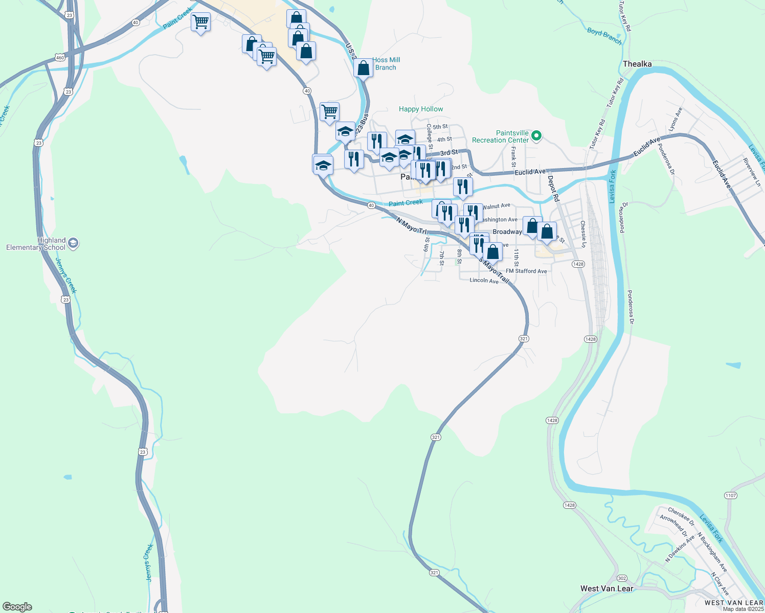 map of restaurants, bars, coffee shops, grocery stores, and more near Blackberry Ln in Paintsville