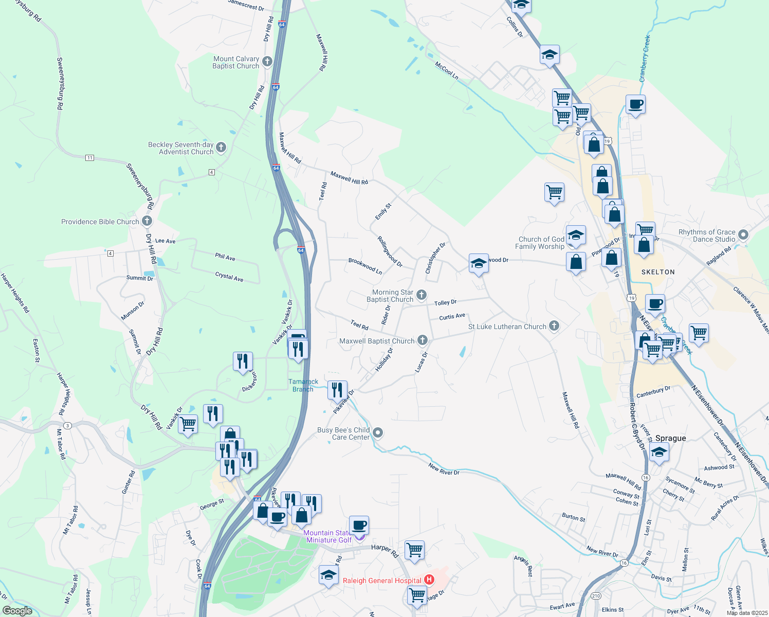 map of restaurants, bars, coffee shops, grocery stores, and more near 111 Rider Dr in Beckley