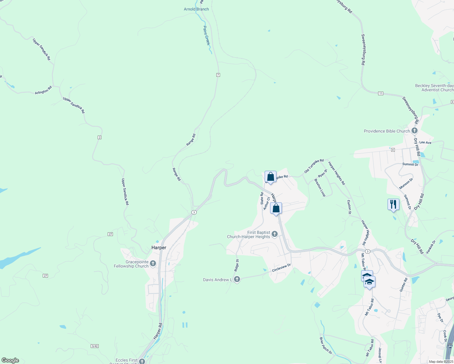 map of restaurants, bars, coffee shops, grocery stores, and more near 3150 Harper Road in Beckley
