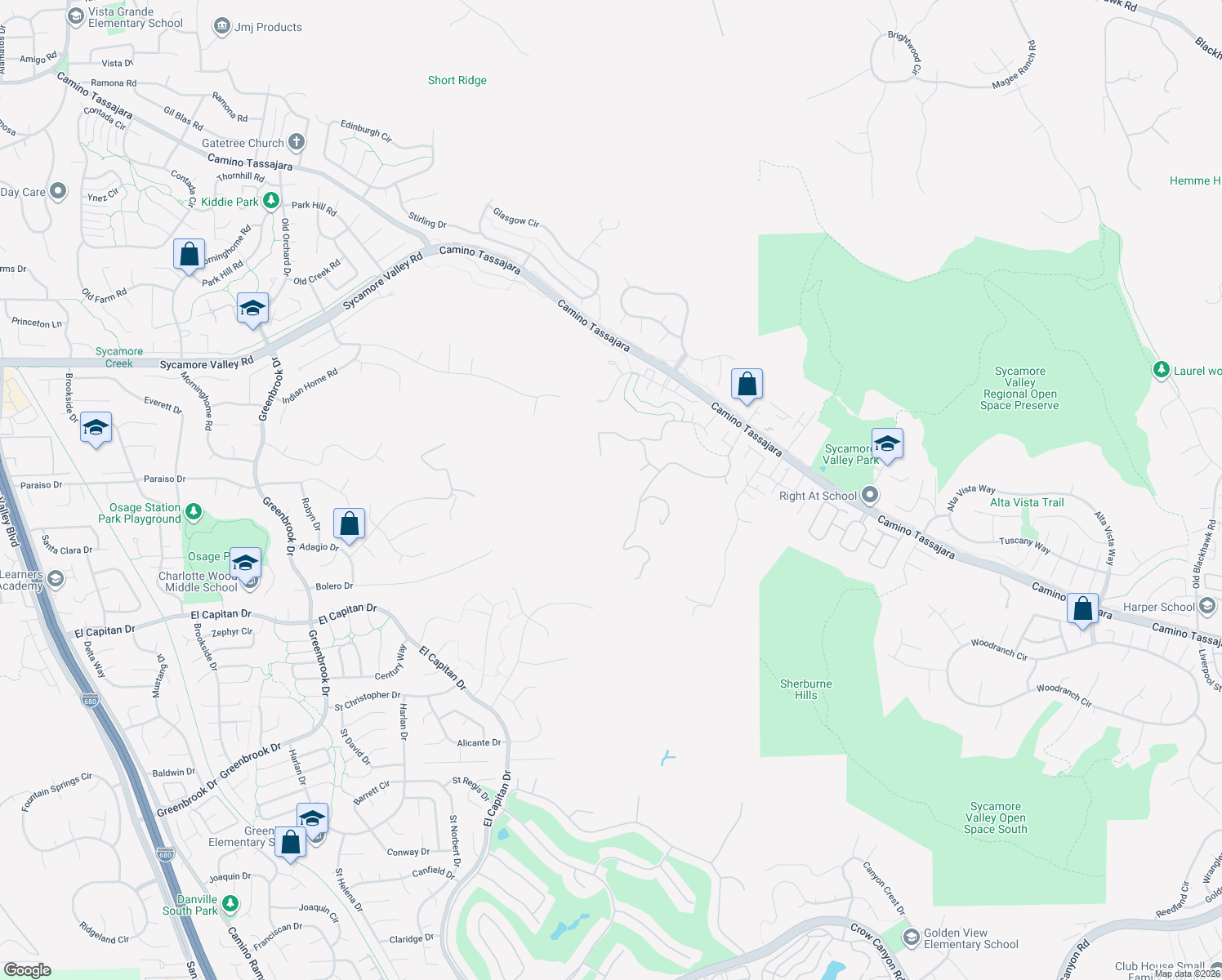 map of restaurants, bars, coffee shops, grocery stores, and more near 2490 Tassajara Lane in Danville