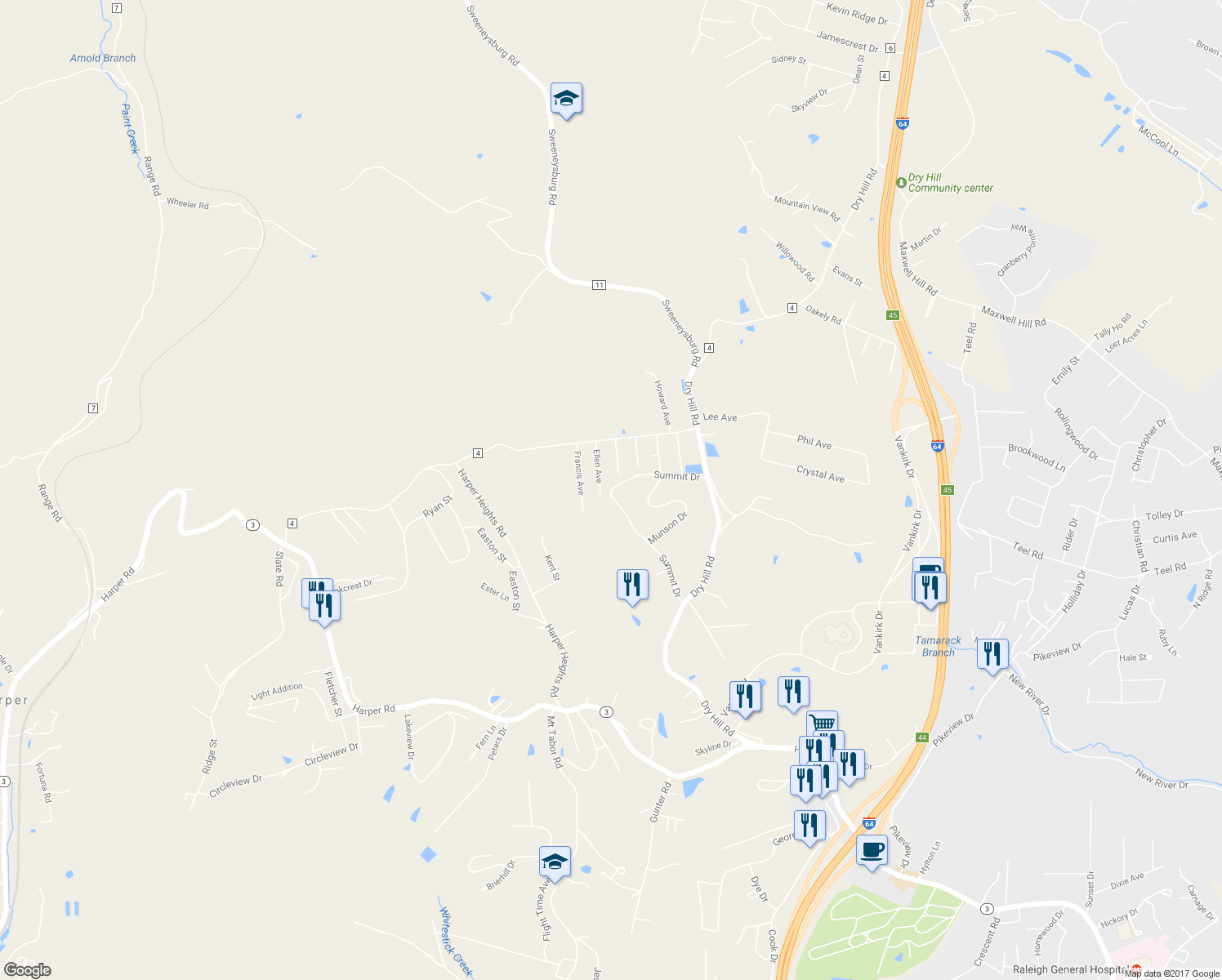 map of restaurants, bars, coffee shops, grocery stores, and more near 296 Summit Drive in Beckley