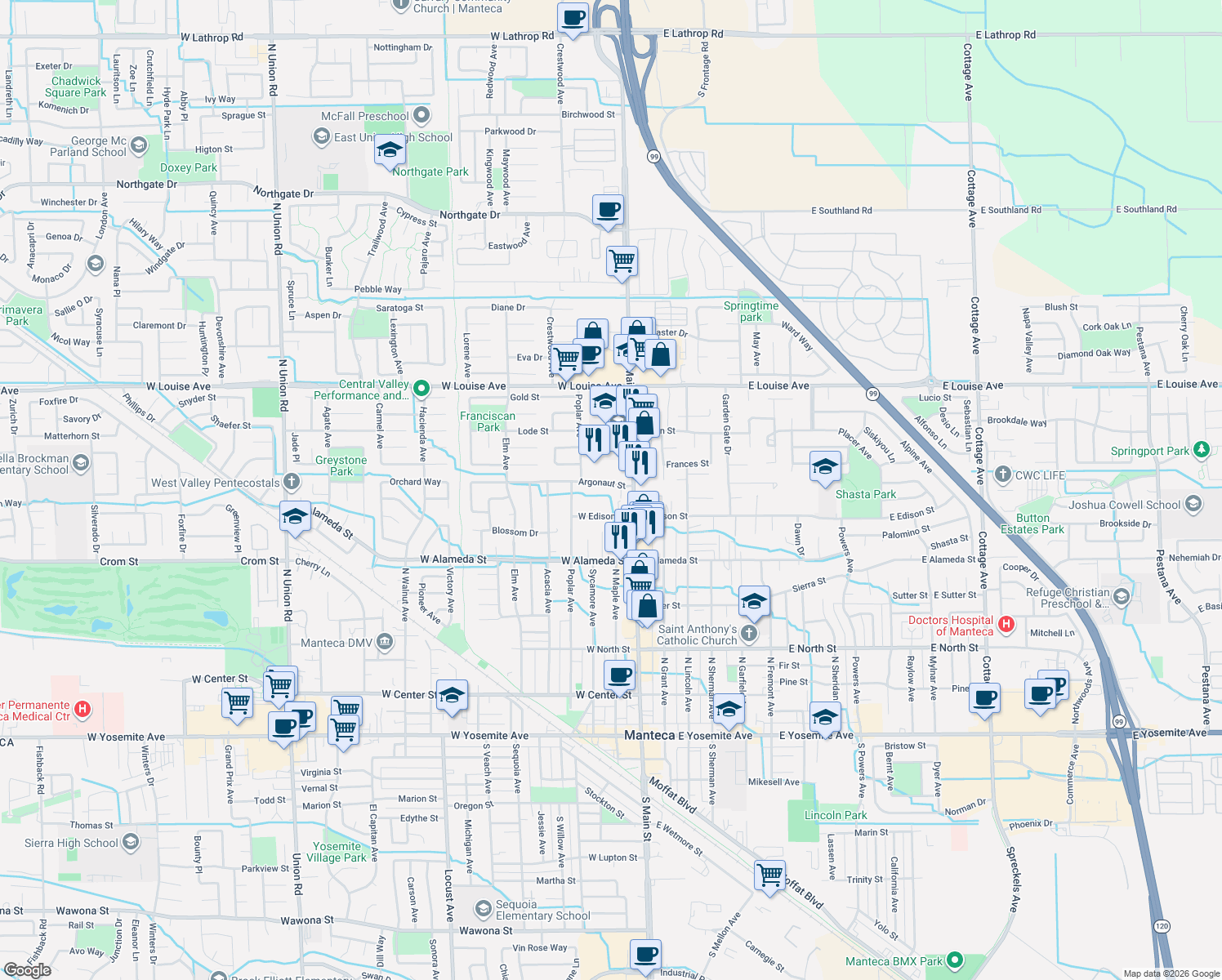map of restaurants, bars, coffee shops, grocery stores, and more near 160 Argonaut Street in Manteca
