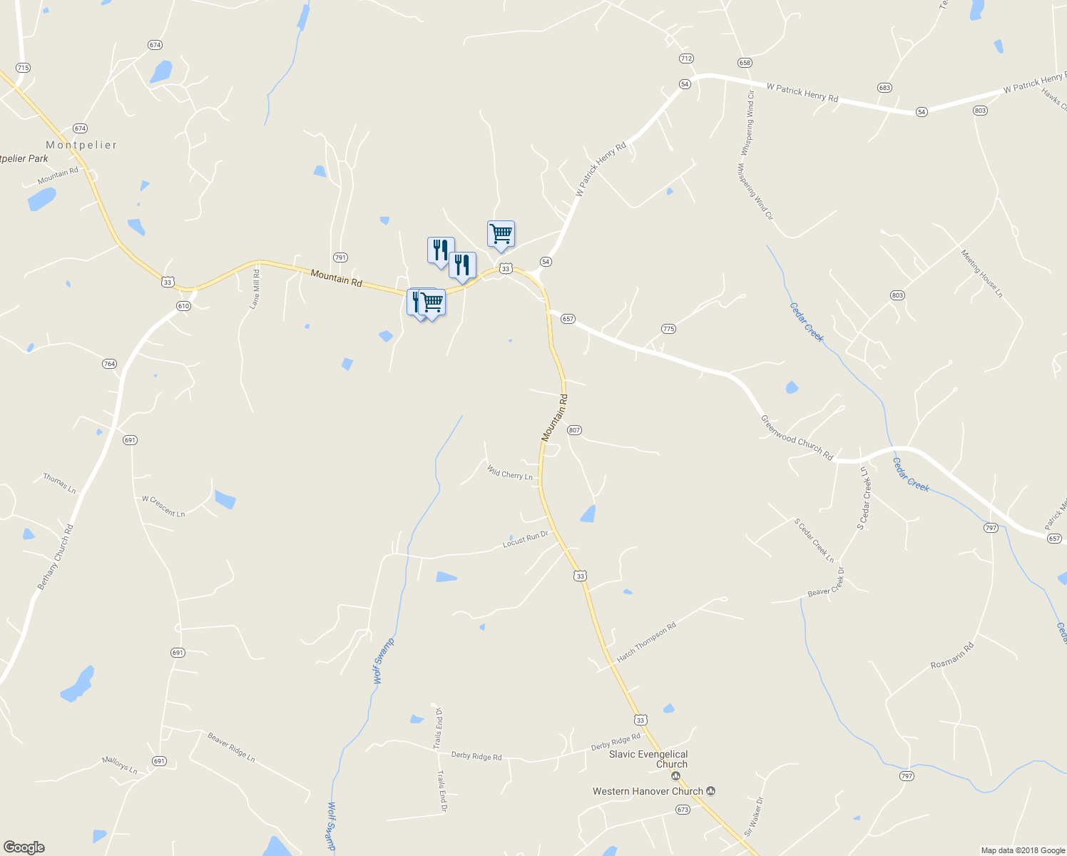 map of restaurants, bars, coffee shops, grocery stores, and more near 16401 Mountain Road in Montpelier