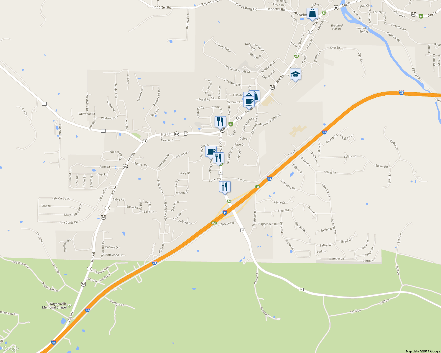 map of restaurants, bars, coffee shops, grocery stores, and more near Ichord Center in Waynesville