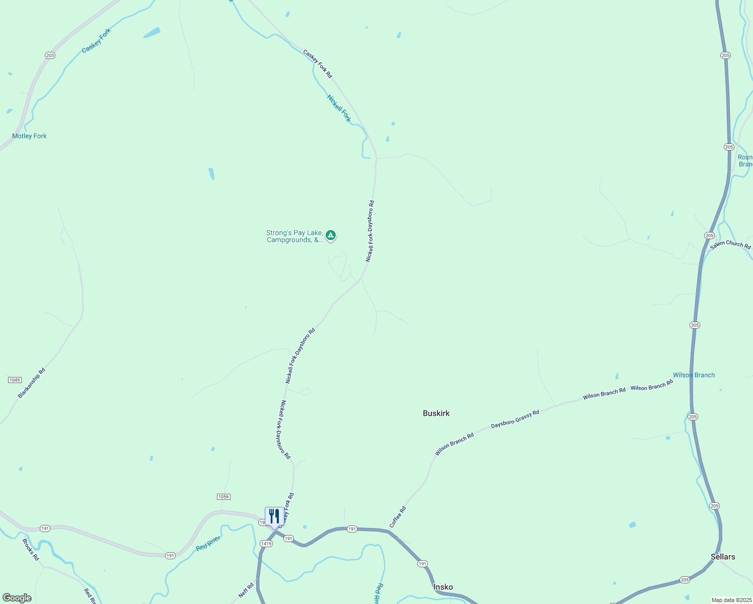 map of restaurants, bars, coffee shops, grocery stores, and more near 129 Strong Branch Road in Hazel Green