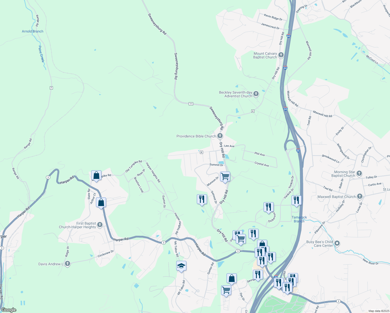 map of restaurants, bars, coffee shops, grocery stores, and more near 102 Dunbar Avenue in Beckley