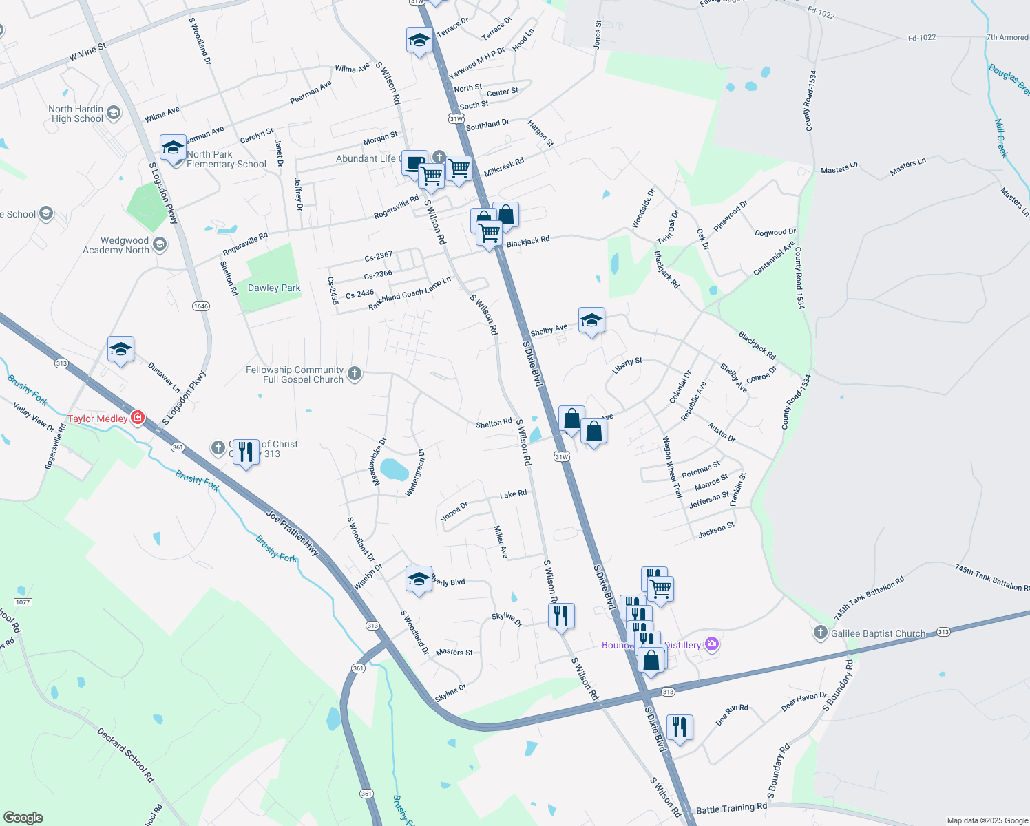 map of restaurants, bars, coffee shops, grocery stores, and more near 2399 South Wilson Road in Radcliff