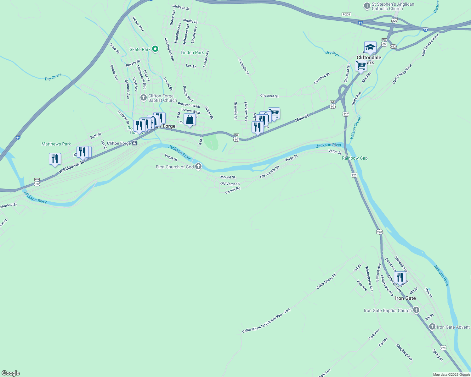 map of restaurants, bars, coffee shops, grocery stores, and more near County Road in Clifton Forge