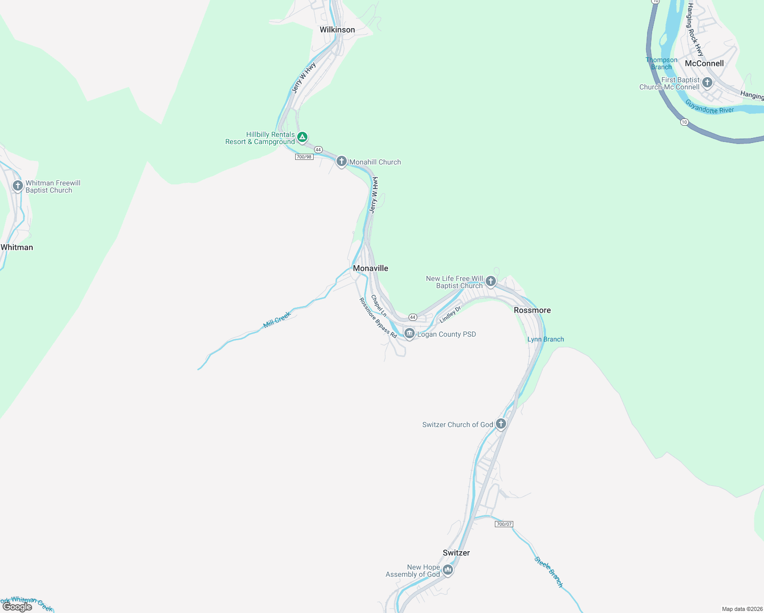 map of restaurants, bars, coffee shops, grocery stores, and more near Rossmore Bypass Road in Logan