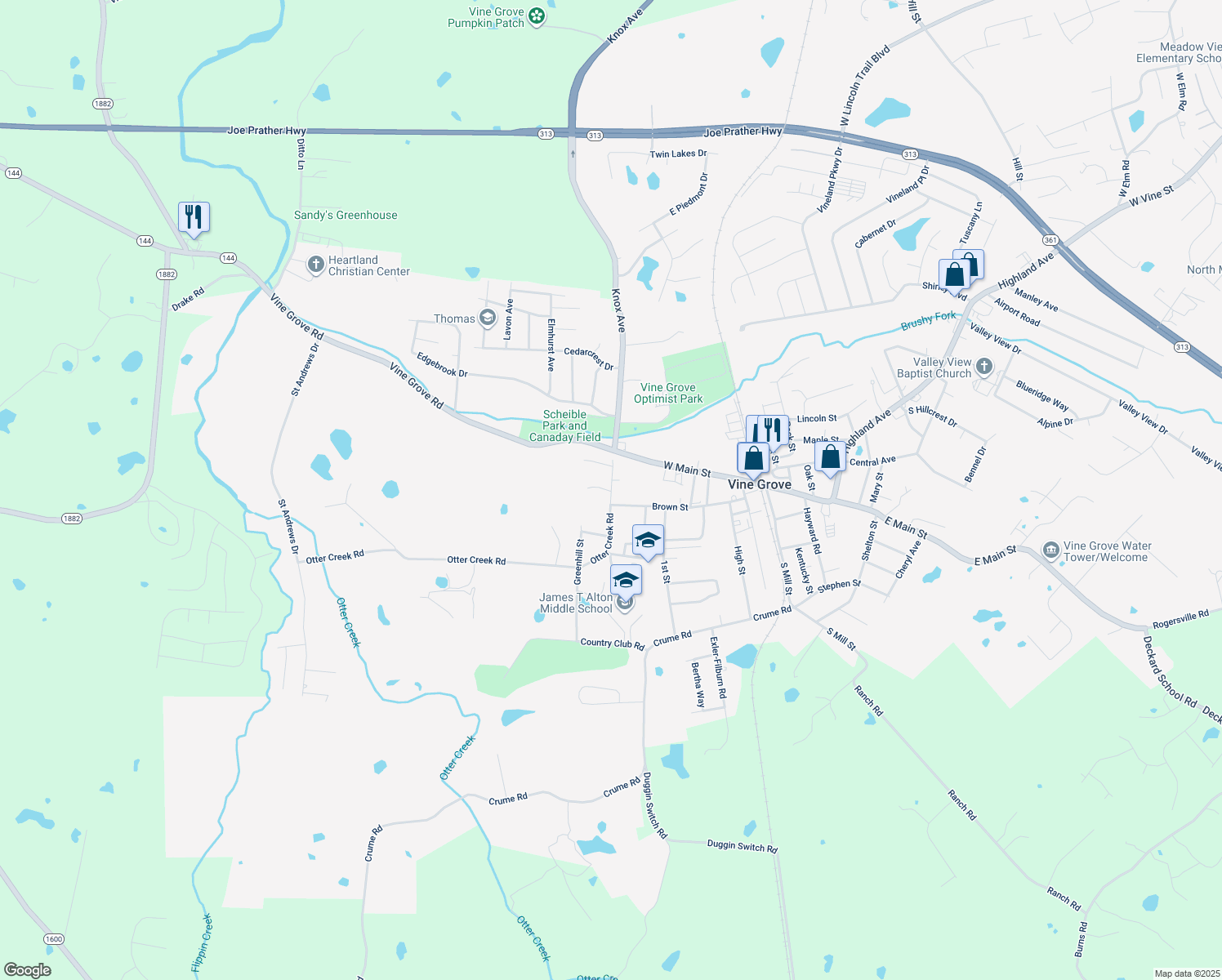 map of restaurants, bars, coffee shops, grocery stores, and more near 107 Otter Creek Rd in Vine Grove