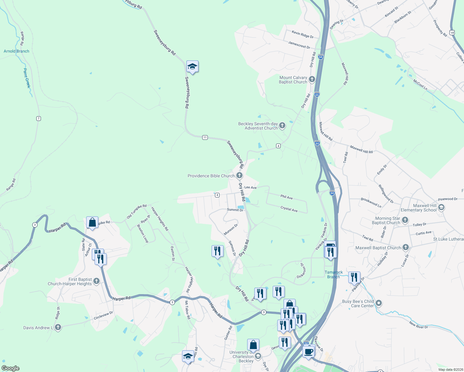 map of restaurants, bars, coffee shops, grocery stores, and more near 104 Howard Ave in Beckley