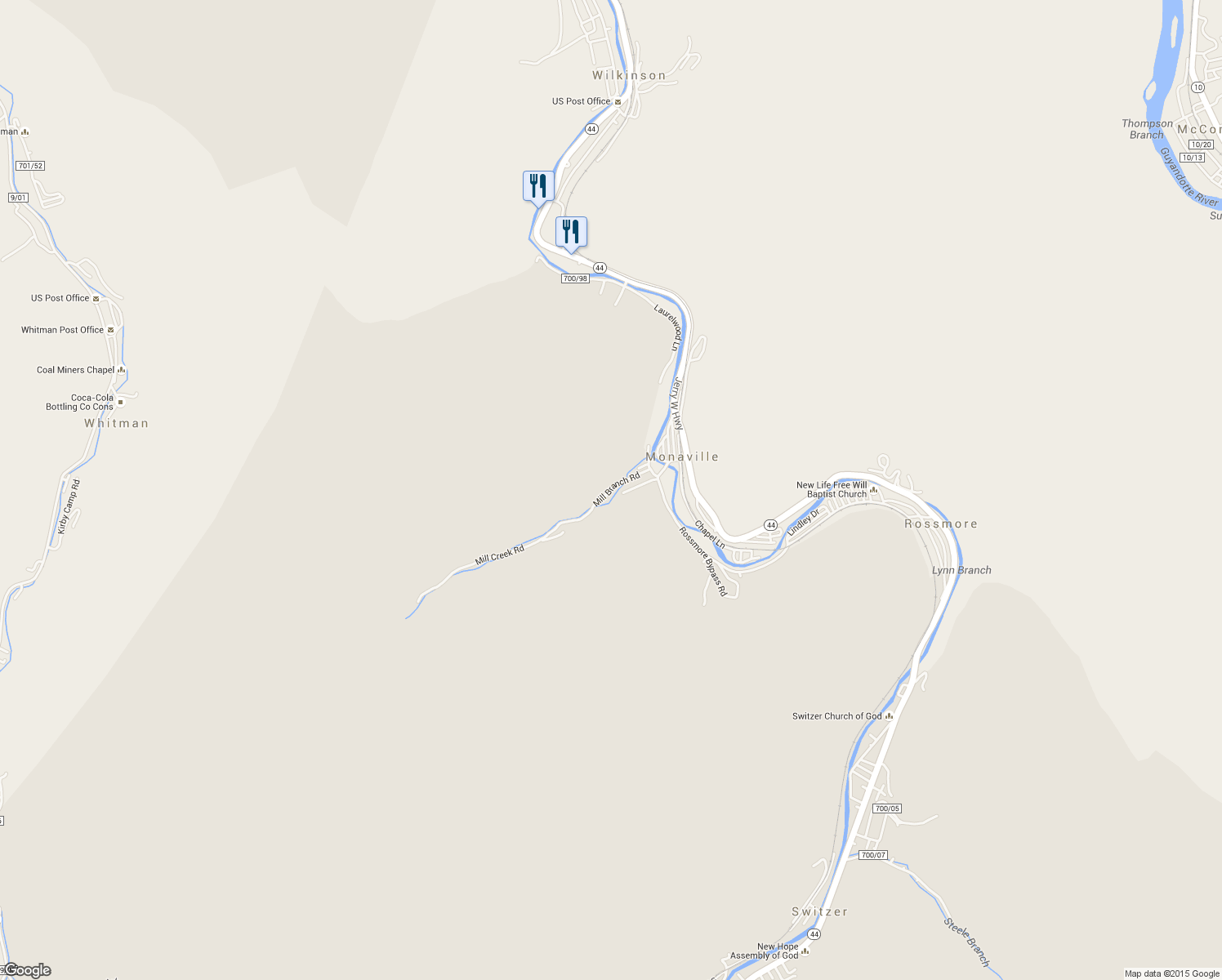map of restaurants, bars, coffee shops, grocery stores, and more near Mill Branch Road in Logan