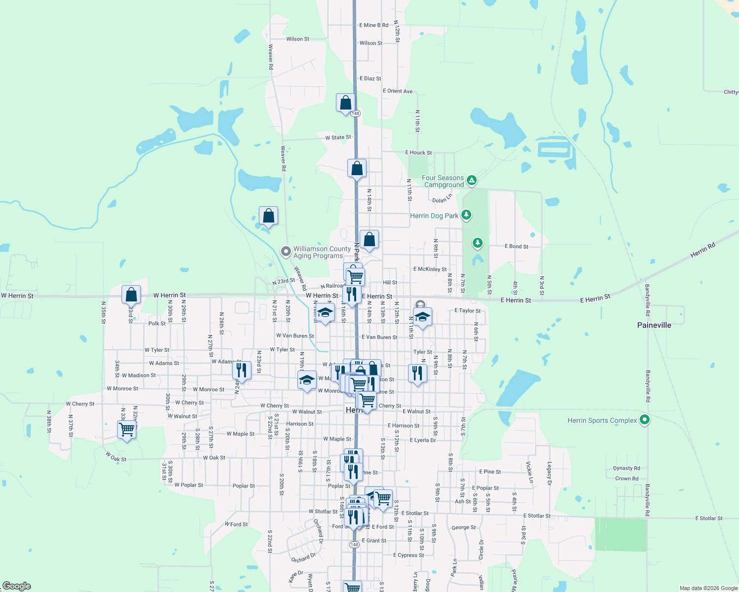 map of restaurants, bars, coffee shops, grocery stores, and more near 898 N 14th St in Herrin