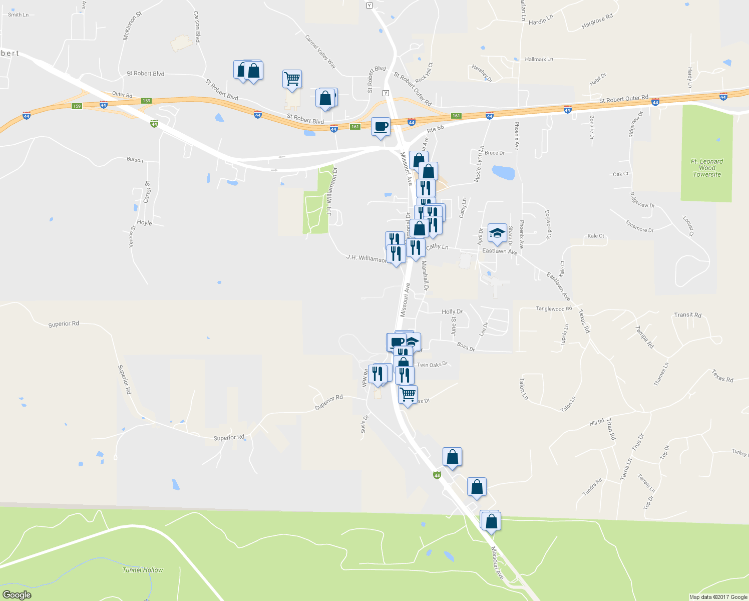 map of restaurants, bars, coffee shops, grocery stores, and more near 490 Missouri Avenue in Saint Robert