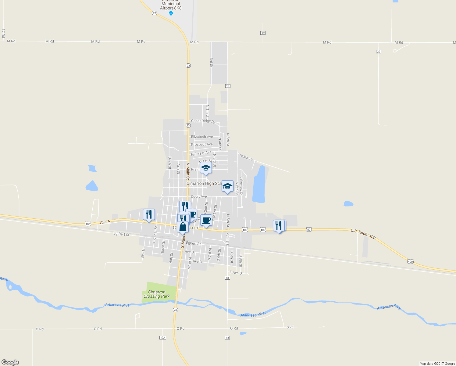 map of restaurants, bars, coffee shops, grocery stores, and more near North 5th Street in Cimarron