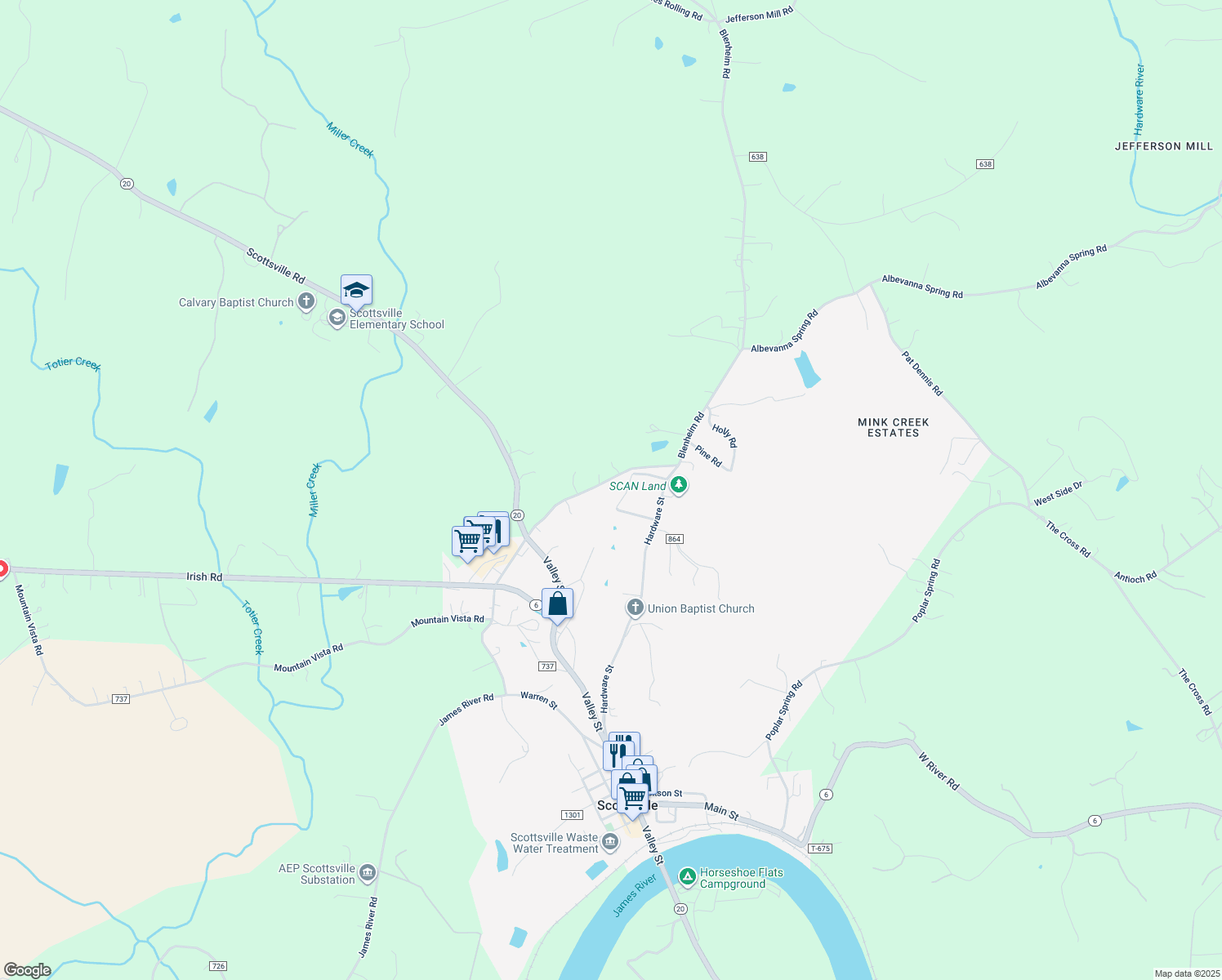 map of restaurants, bars, coffee shops, grocery stores, and more near 61 James River Road in Scottsville