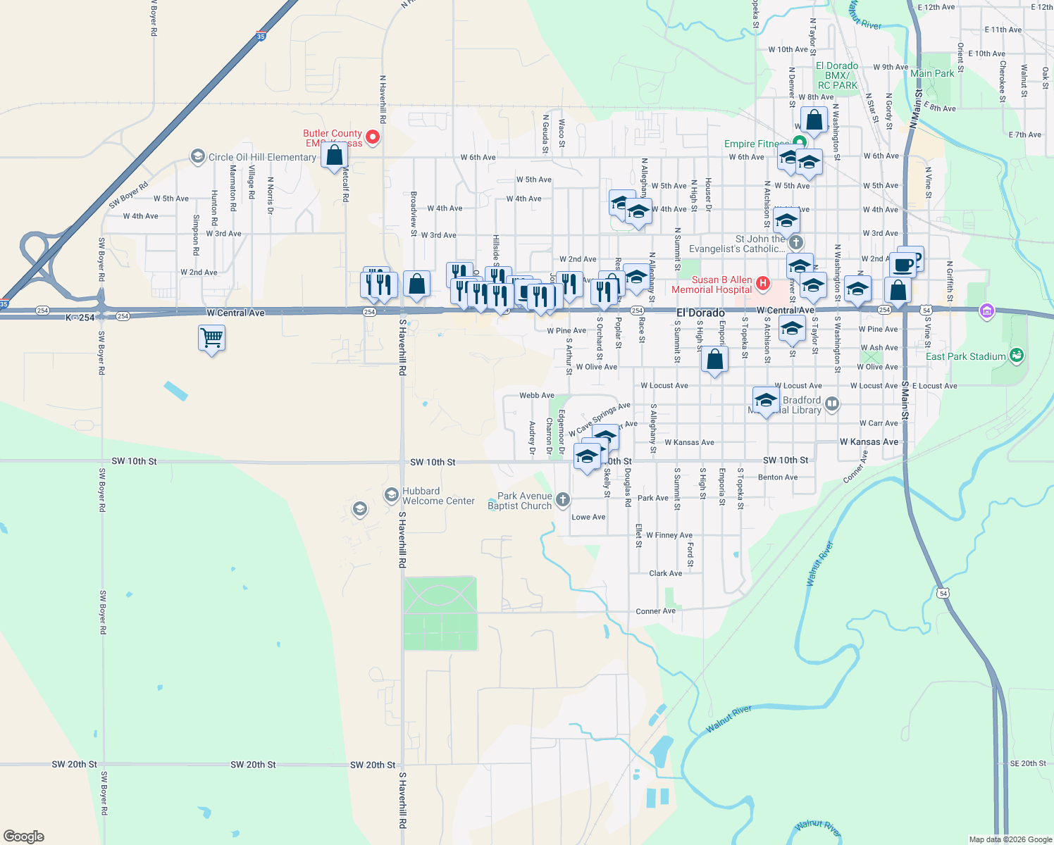 map of restaurants, bars, coffee shops, grocery stores, and more near 745 Audrey Drive in El Dorado