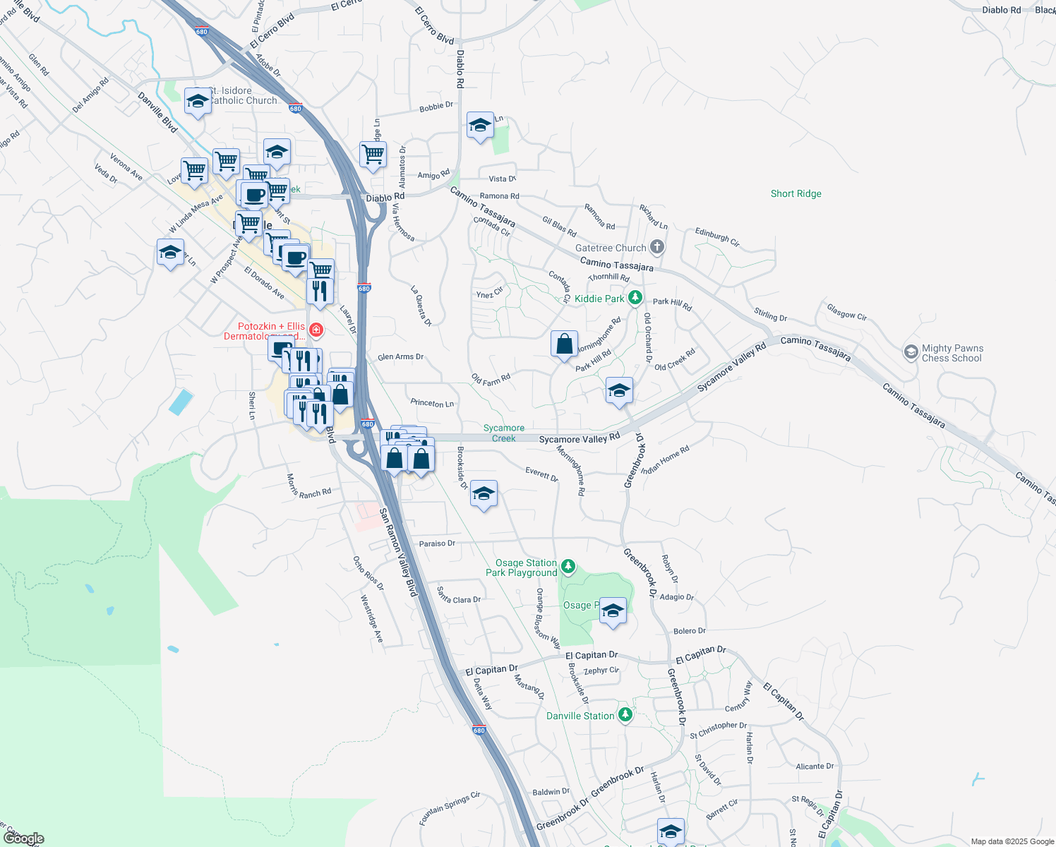 map of restaurants, bars, coffee shops, grocery stores, and more near 558 Freitas Road in Danville