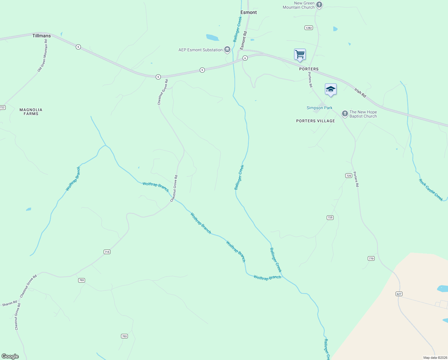 map of restaurants, bars, coffee shops, grocery stores, and more near Unnamed Road in Esmont