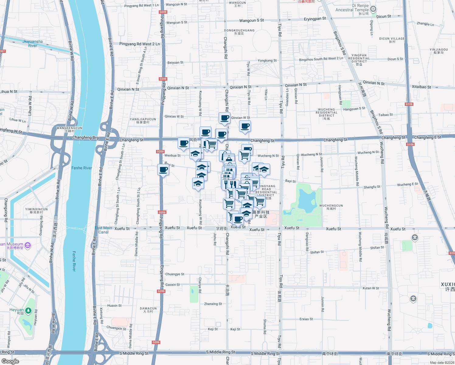 map of restaurants, bars, coffee shops, grocery stores, and more near 180 Changzhi Road in Taiyuan Shi