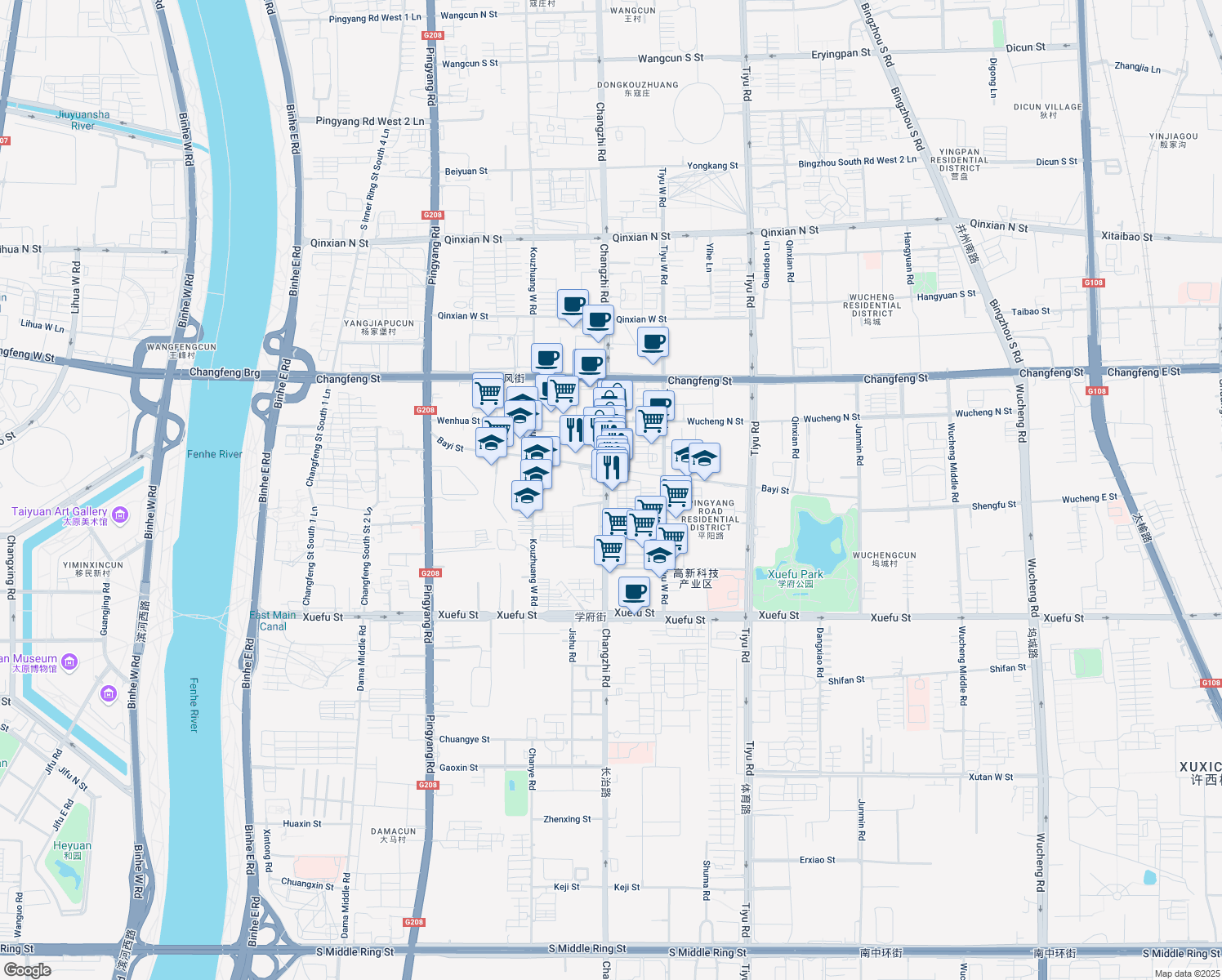 map of restaurants, bars, coffee shops, grocery stores, and more near 180 Changzhi Road in Taiyuan Shi