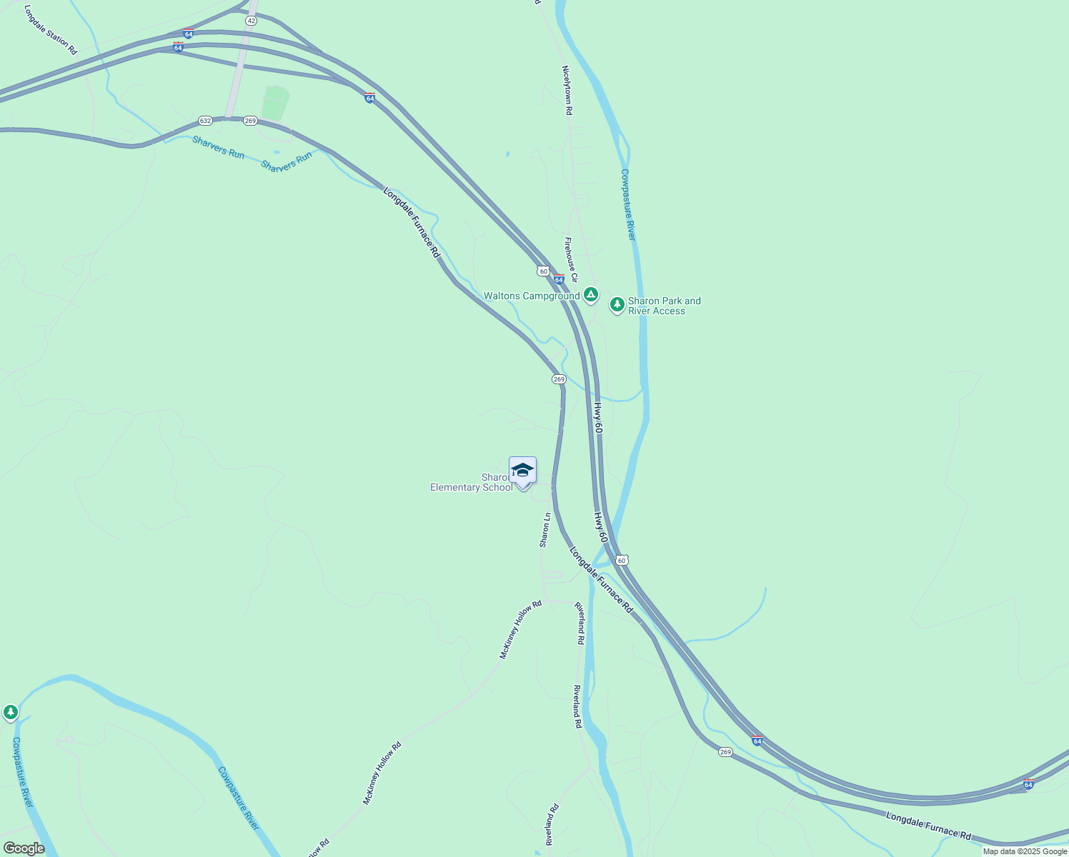 map of restaurants, bars, coffee shops, grocery stores, and more near Tall Oaks Lane in Clifton Forge