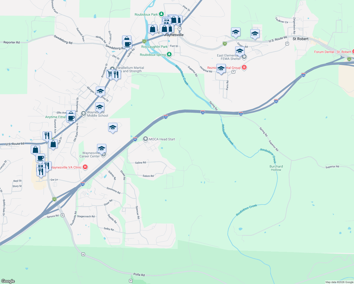 map of restaurants, bars, coffee shops, grocery stores, and more near 24025 Stable Lane in Waynesville