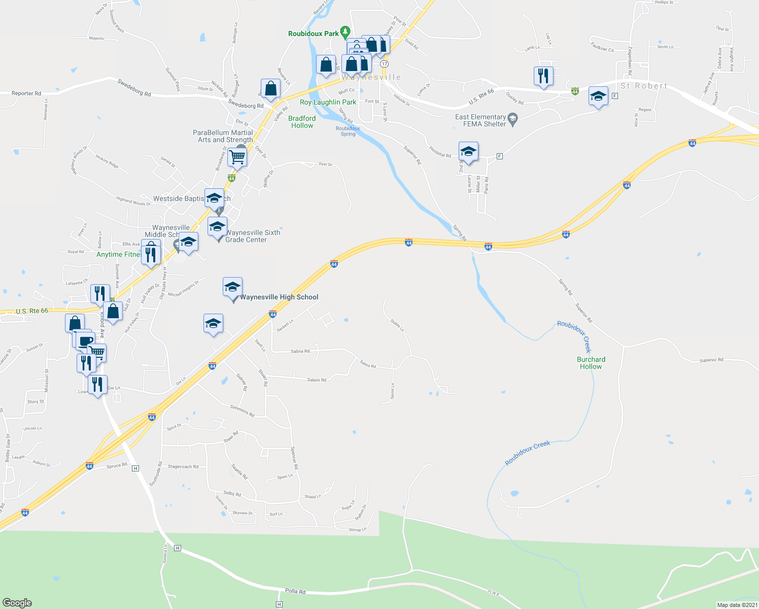 map of restaurants, bars, coffee shops, grocery stores, and more near 24025 Stable Lane in Waynesville