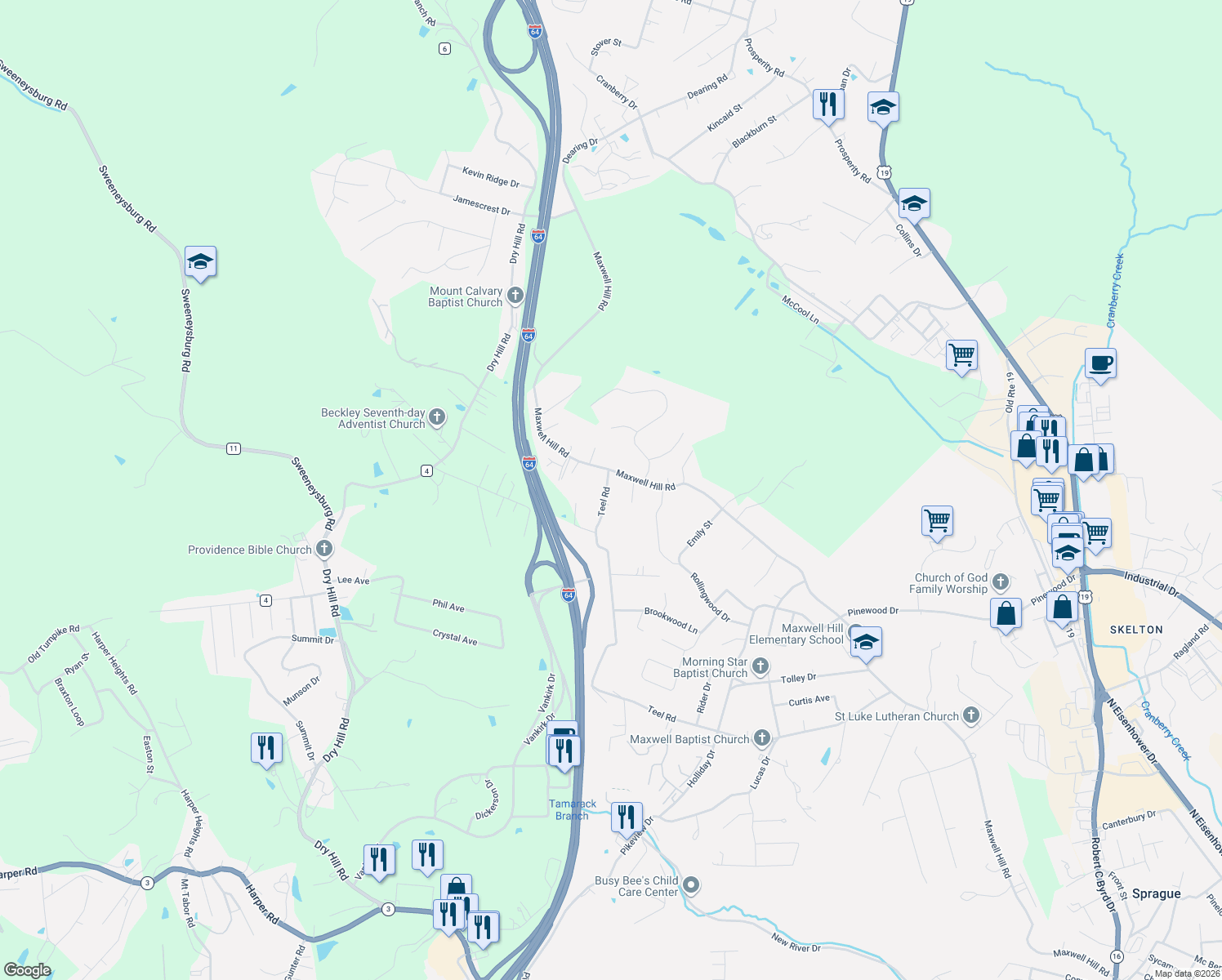 map of restaurants, bars, coffee shops, grocery stores, and more near 100 Teel Road in Beckley