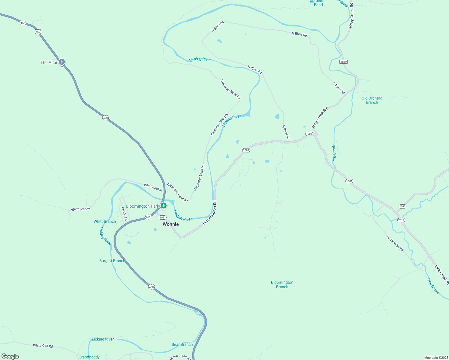 map of restaurants, bars, coffee shops, grocery stores, and more near 7355 Bloomington Road in Salyersville