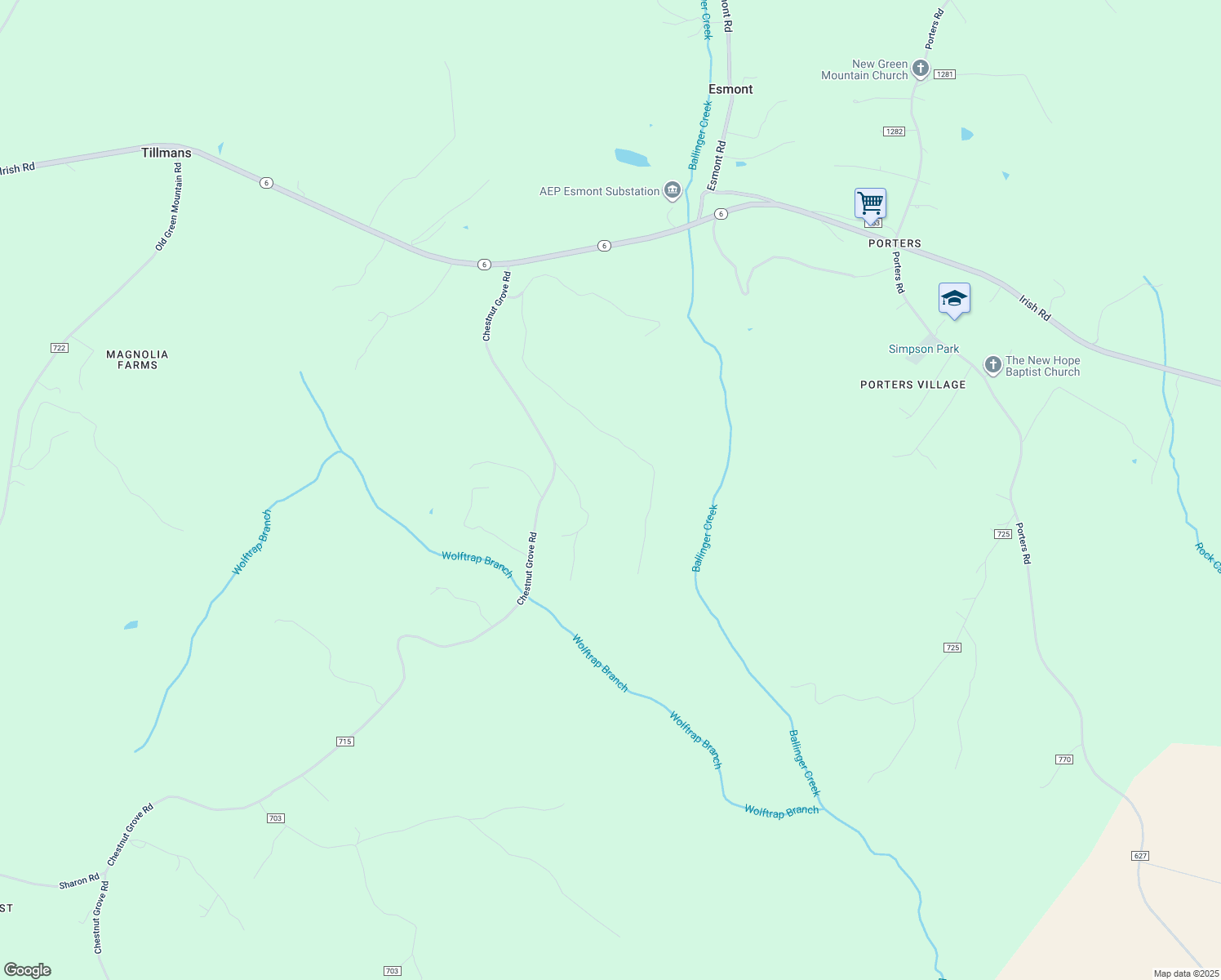 map of restaurants, bars, coffee shops, grocery stores, and more near 7359 Porters Road in Esmont