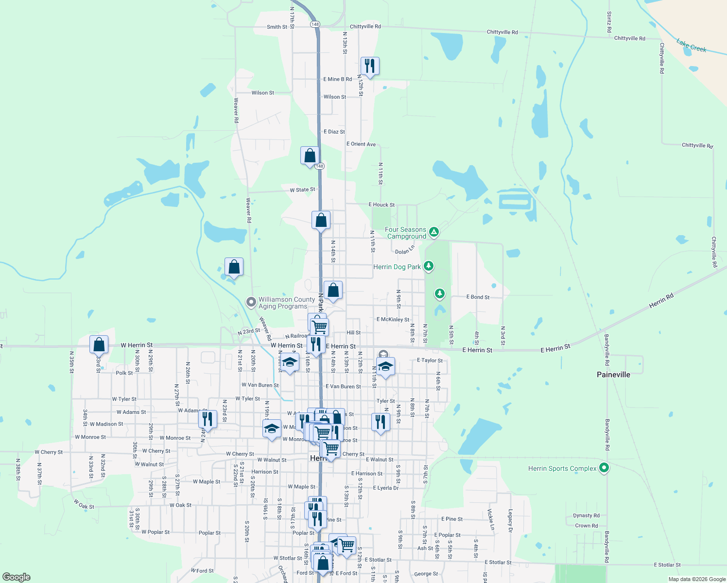 map of restaurants, bars, coffee shops, grocery stores, and more near 407 E Bond St in Herrin