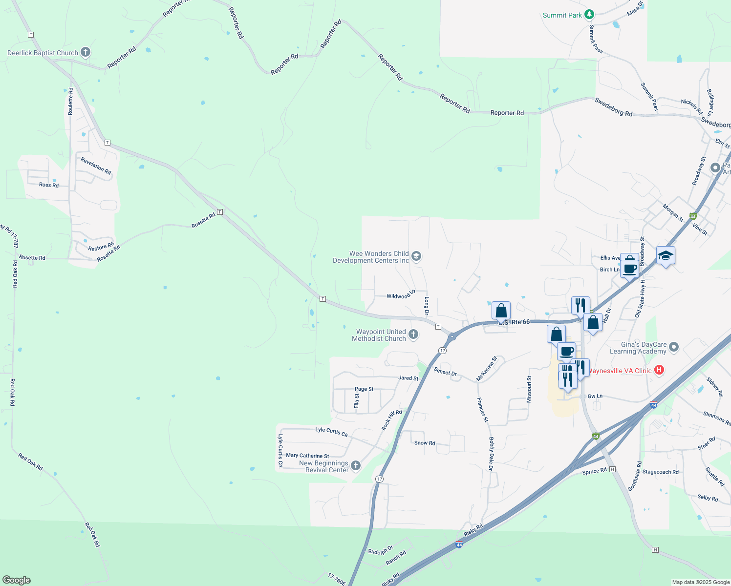 map of restaurants, bars, coffee shops, grocery stores, and more near 103 Wildwood Lane in Waynesville