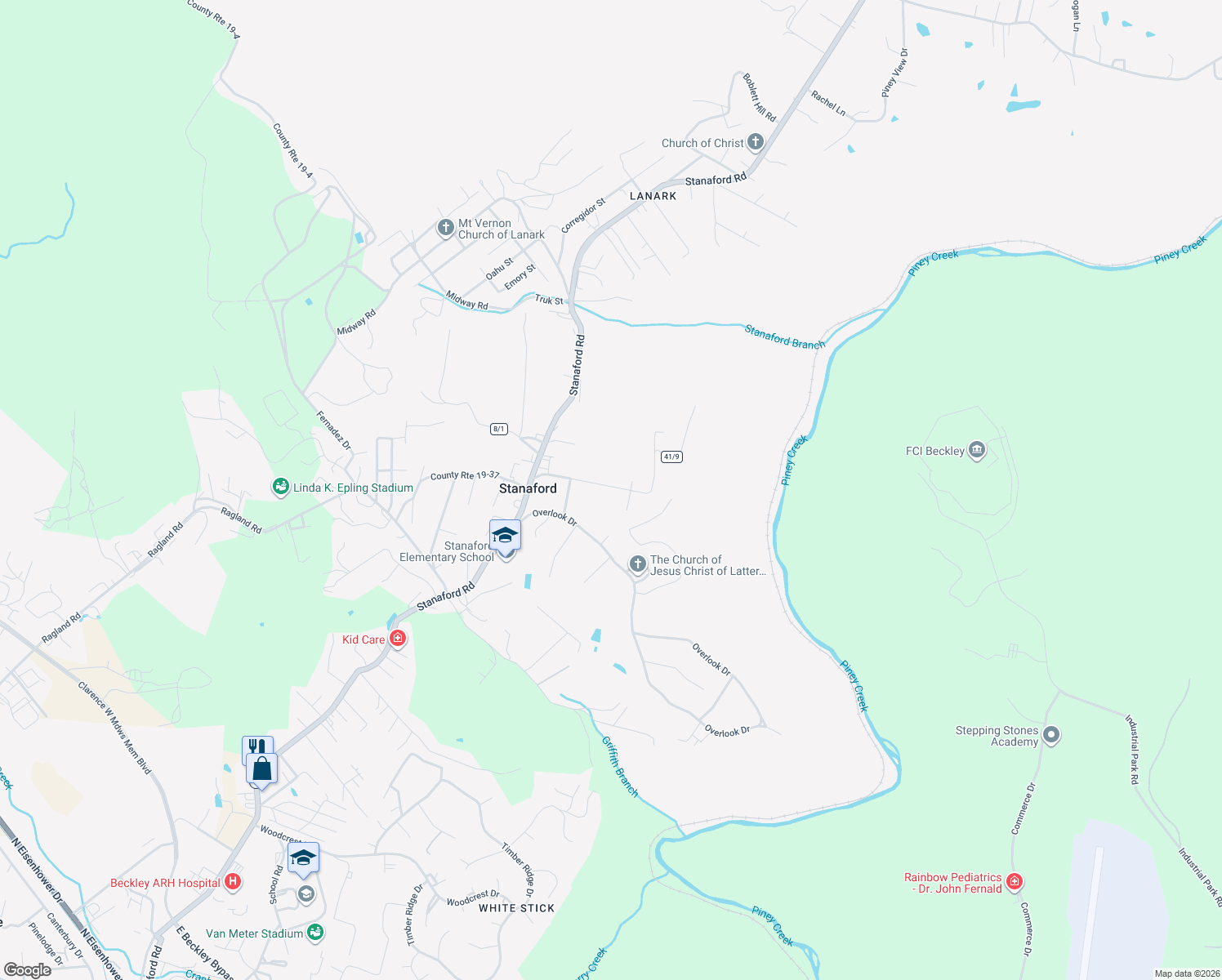 map of restaurants, bars, coffee shops, grocery stores, and more near 206 Hoist Road in Beckley