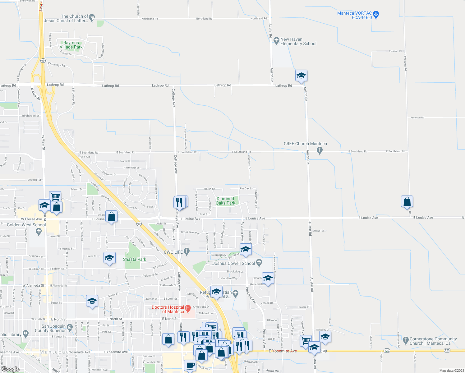 map of restaurants, bars, coffee shops, grocery stores, and more near 1847 Pin Oak Ct in Manteca