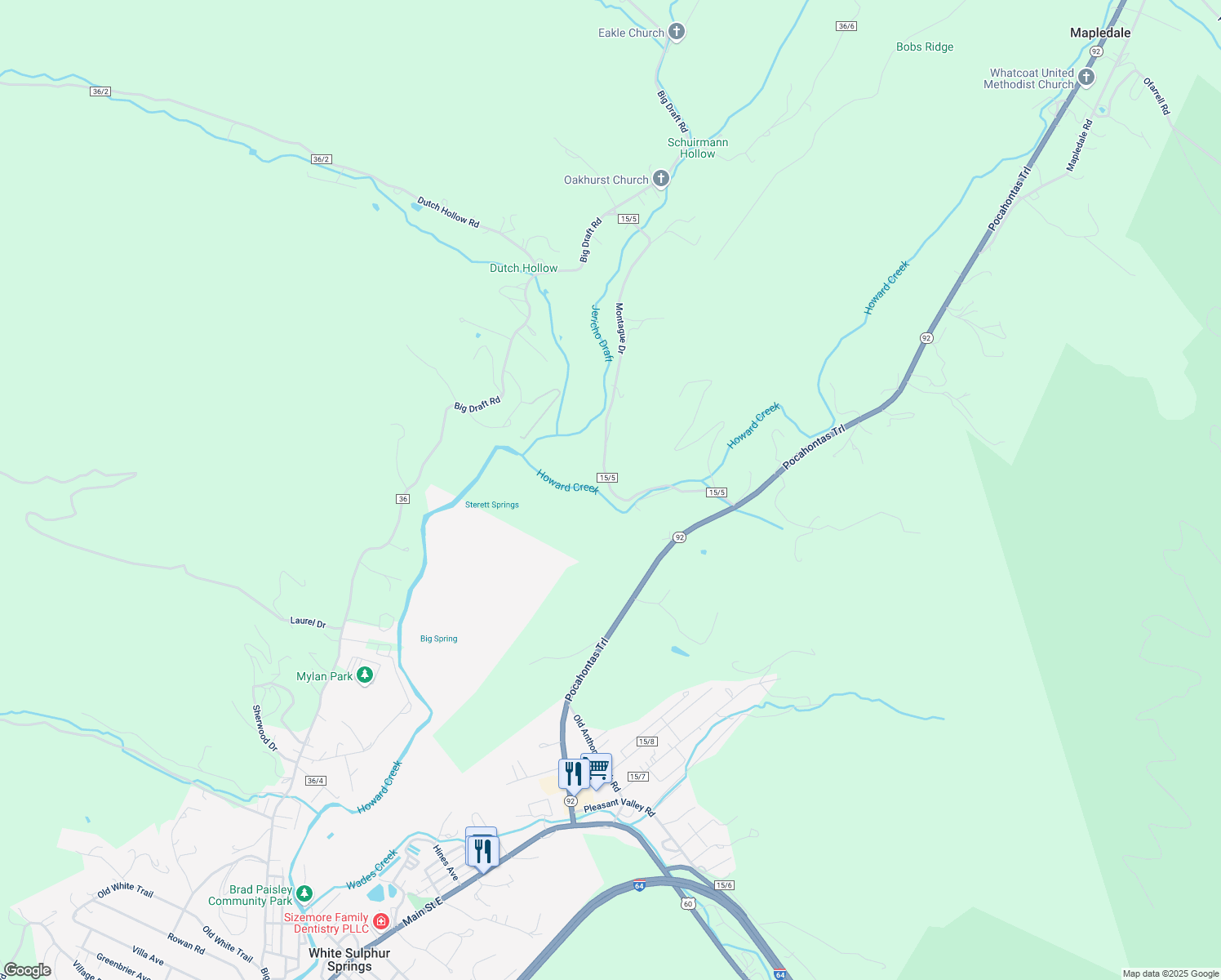 map of restaurants, bars, coffee shops, grocery stores, and more near Montague Drive in White Sulphur Springs