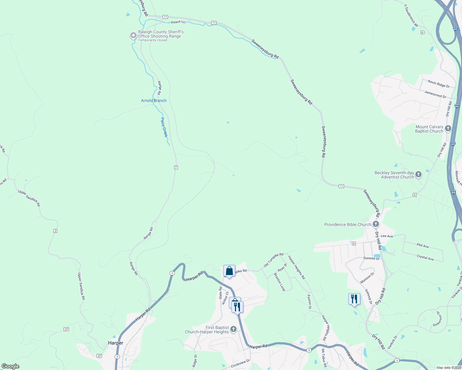 map of restaurants, bars, coffee shops, grocery stores, and more near 350 Wheeler Road in Beckley