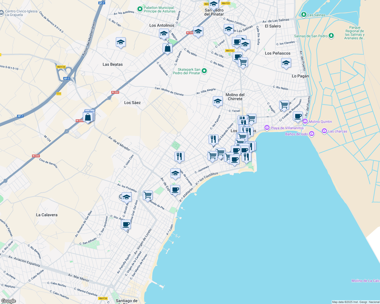map of restaurants, bars, coffee shops, grocery stores, and more near 1 Calle Islas Malvinas in San Javier