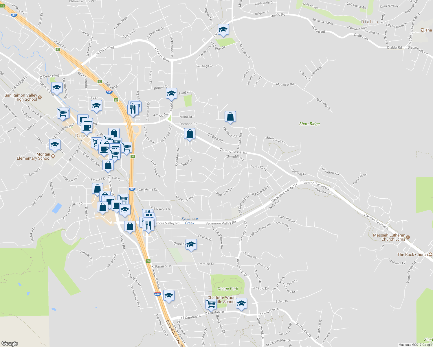 map of restaurants, bars, coffee shops, grocery stores, and more near 205 Sabina Court in Danville