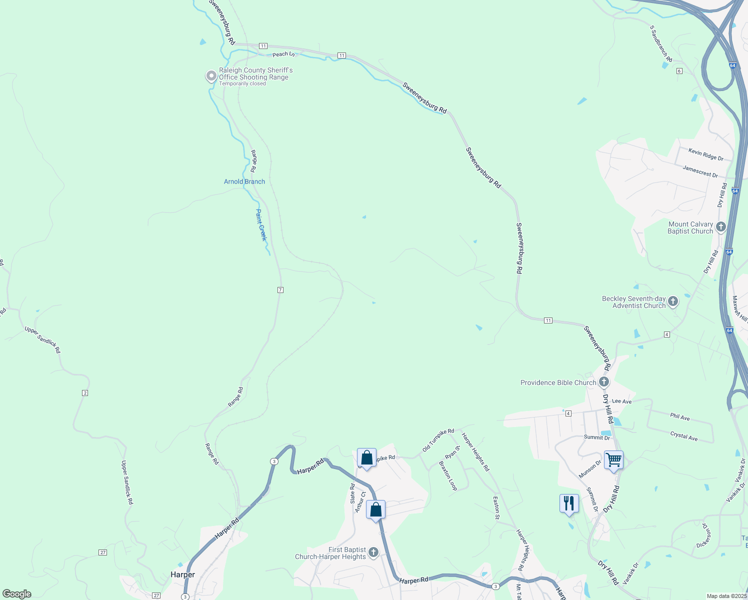 map of restaurants, bars, coffee shops, grocery stores, and more near 350 Wheeler Road in Beckley