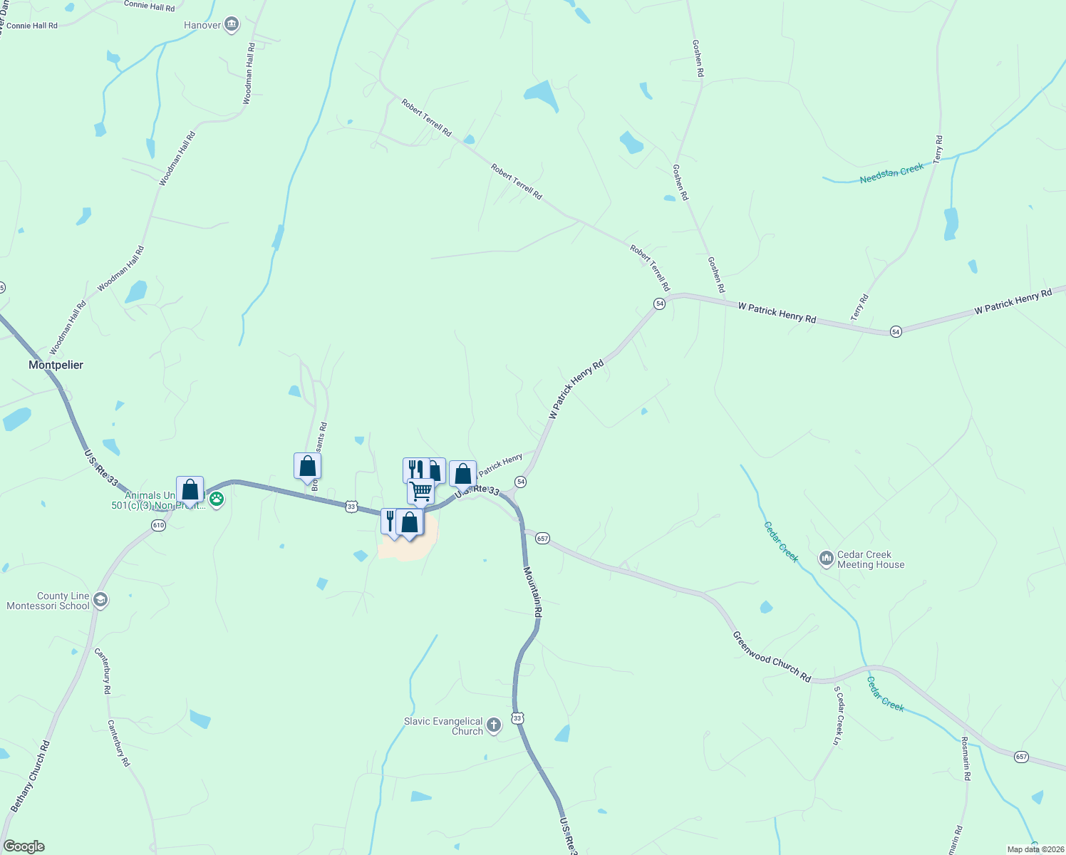 map of restaurants, bars, coffee shops, grocery stores, and more near 16206 West Patrick Henry Road in Montpelier