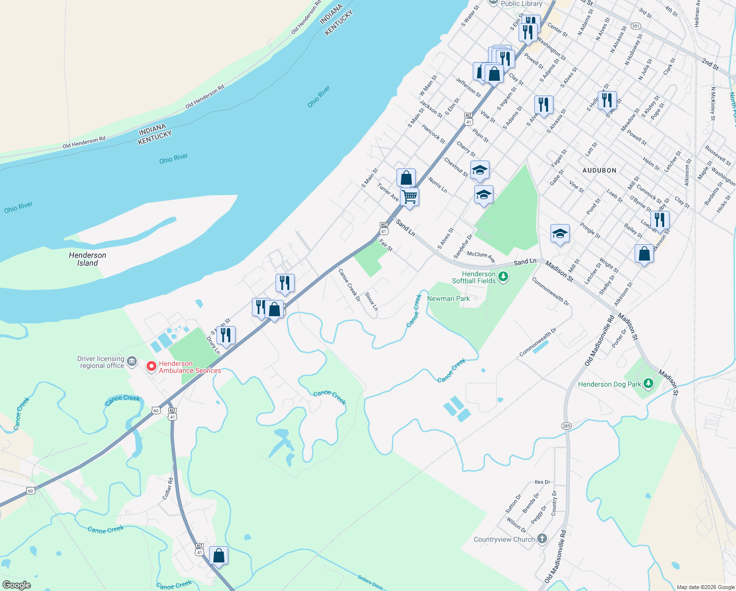 map of restaurants, bars, coffee shops, grocery stores, and more near Sioux Ln in Henderson