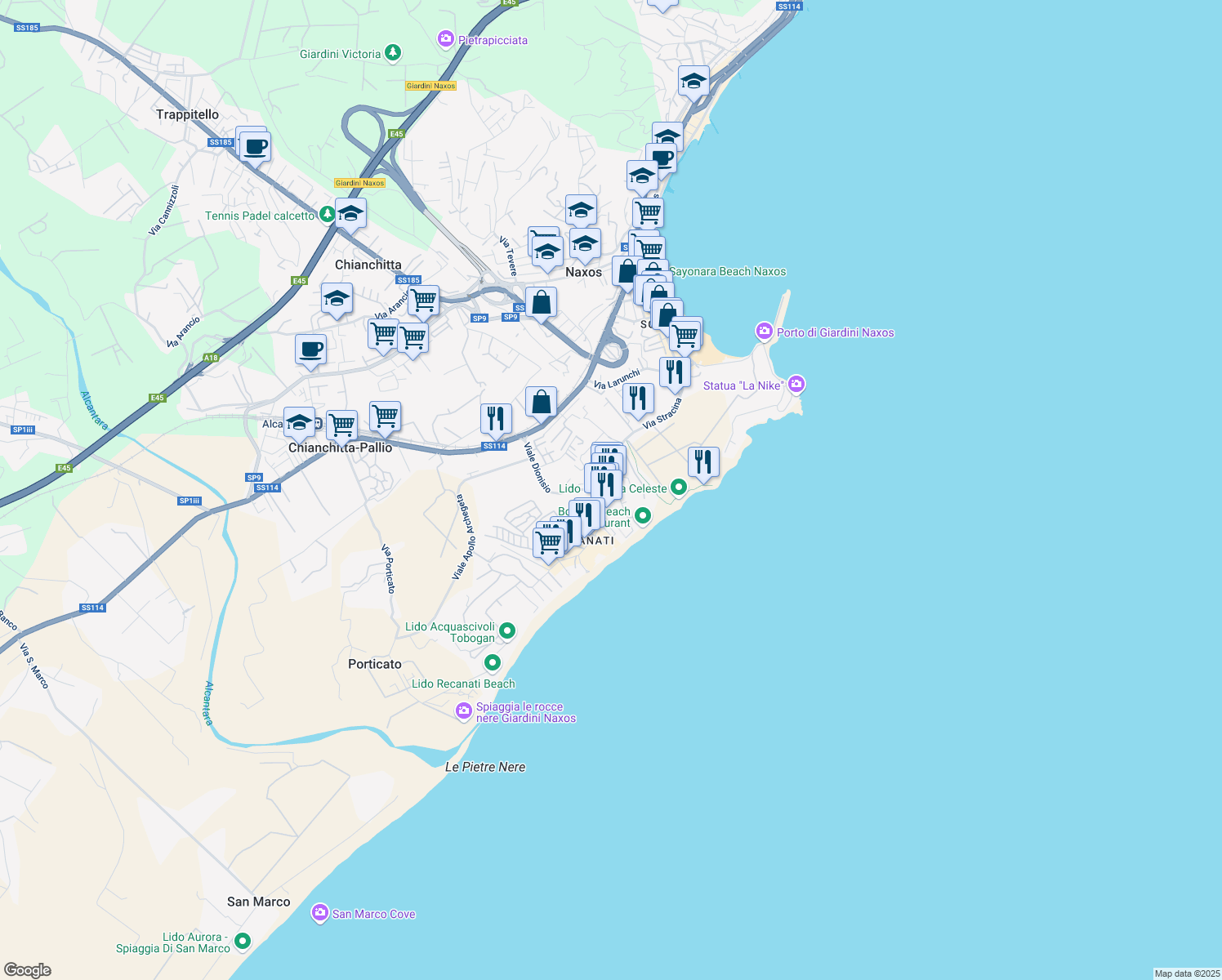 map of restaurants, bars, coffee shops, grocery stores, and more near 15 Via Teocle in Giardini Naxos