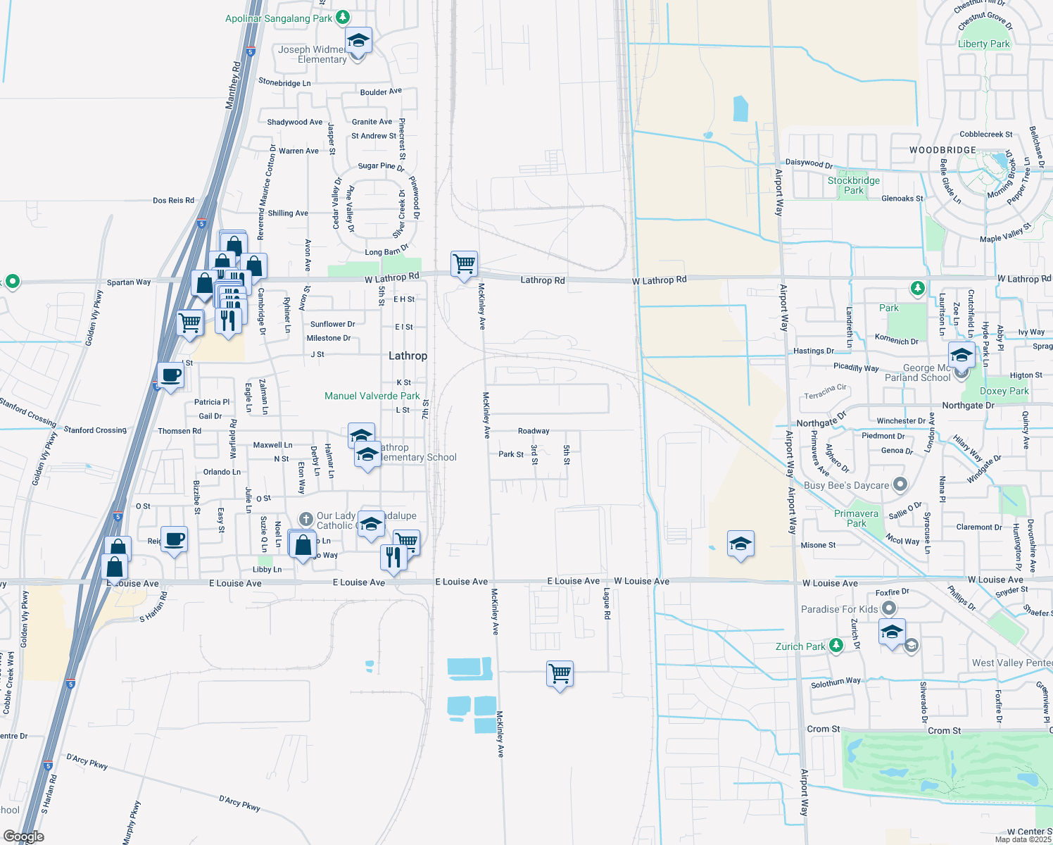 map of restaurants, bars, coffee shops, grocery stores, and more near 15700 McKinley Avenue in Lathrop
