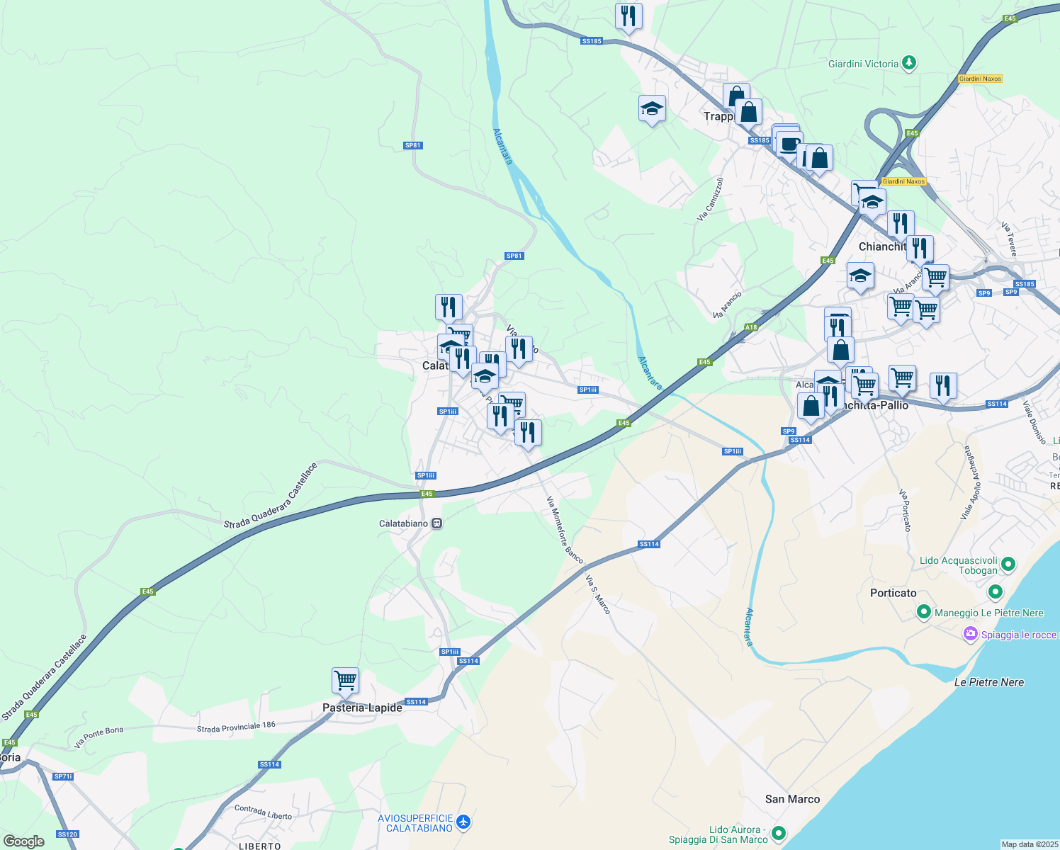 map of restaurants, bars, coffee shops, grocery stores, and more near 19 Via Banco Monteforte in Calatabiano